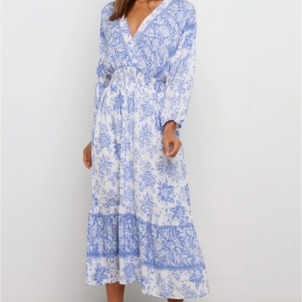 Petal + Pup Vivian Maxi Dress Floral Print Blue White Long Sleeve Womens US 10